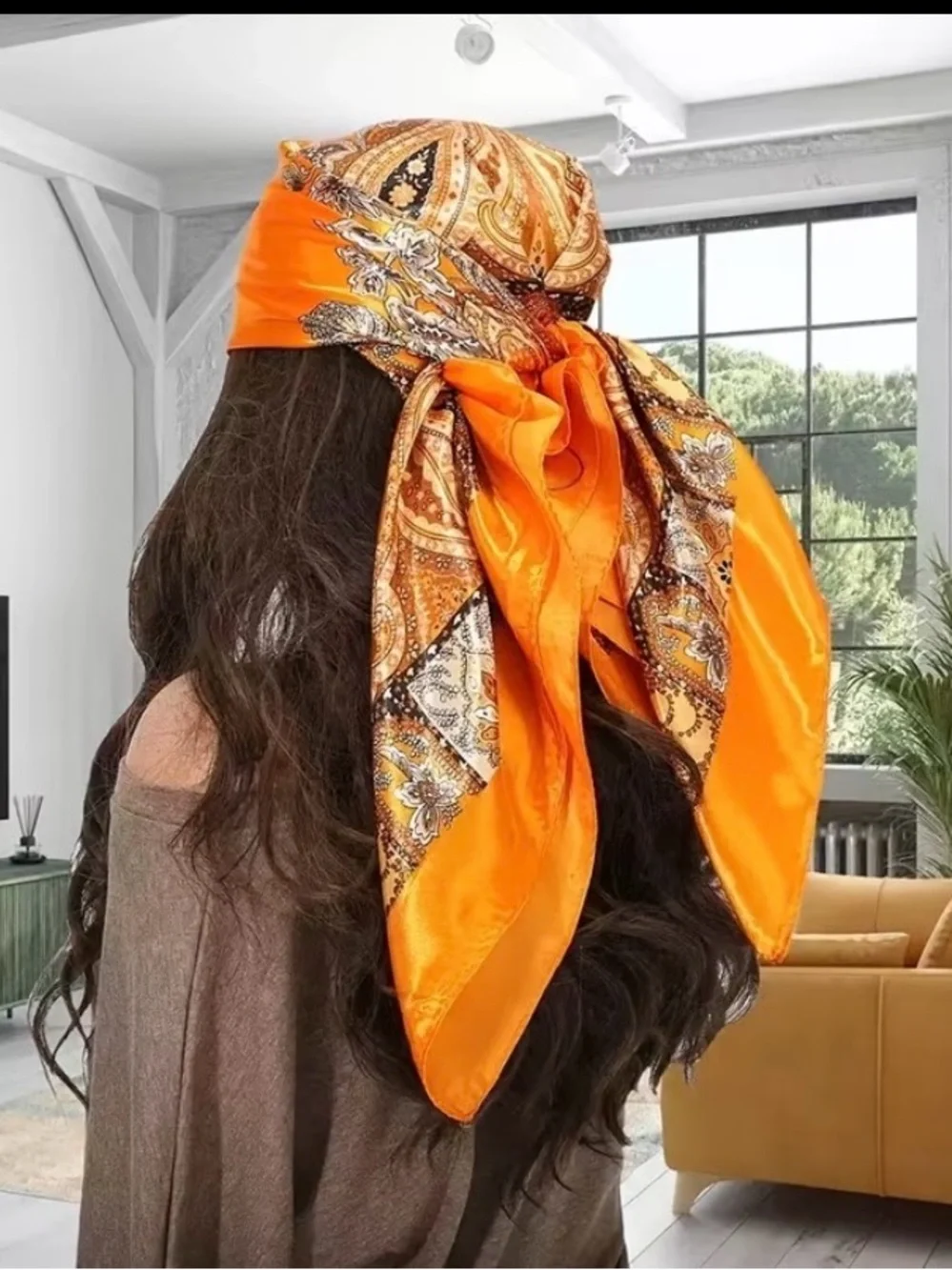 Orange Paisley Satin Scarf 35” x 35” – Floral Vintage-Inspired Print